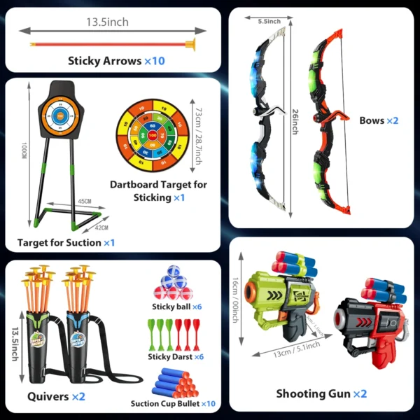 2X Bow Arrow + Guns Toy For Kids LED Light Up Archery with Suction Cup Stand Target Dart Board Indoor Outdoor Game Toys - Image 6
