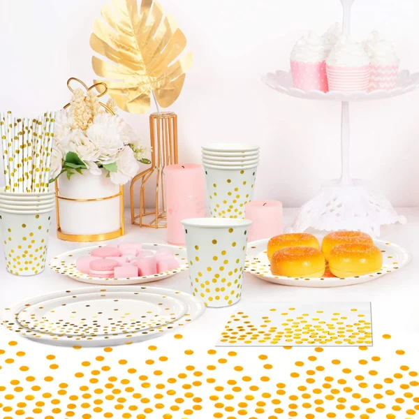 White And Gold Party Supplies 121pcs Golden Dot Disposable Party Dinnerware Set - White and Gold Party Paper Plates Cups Napkins - Image 4