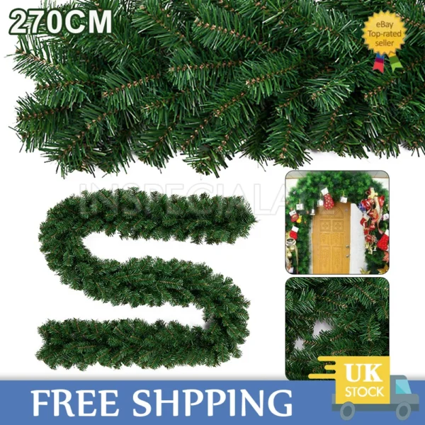 9ft Christmas Garland Bushy Pine Green Decoration Stairs Fireplace Xmas 270cm