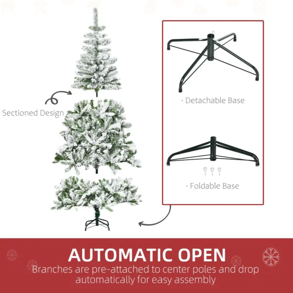 6FT Snow Flocked Christmas Tree with Realistic Branches Auto Open Feature Steel Base Green Pine Tree - Image 5