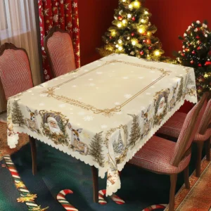 Christmas Round and Rectangular Tablecloth, Various Sizes, Santa Claus Elk Pattern Print Design, Retro Gold and White Tablecloth, Christmas Garden Tablecloth Decoration, Tablecloth for Daily Home Kitchen, Terrace Use, Gifts