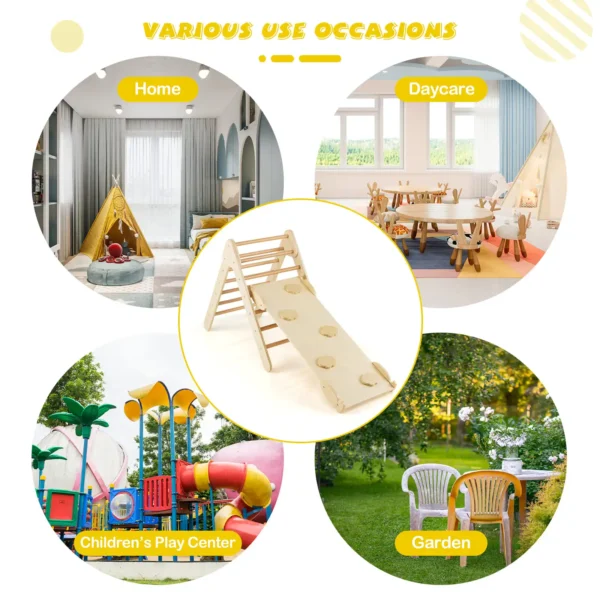 2-in-1 Triangle Climbing Set Wooden Toddler Climbing Triangle Ladder with Ramp Natural/Colorful - Image 6
