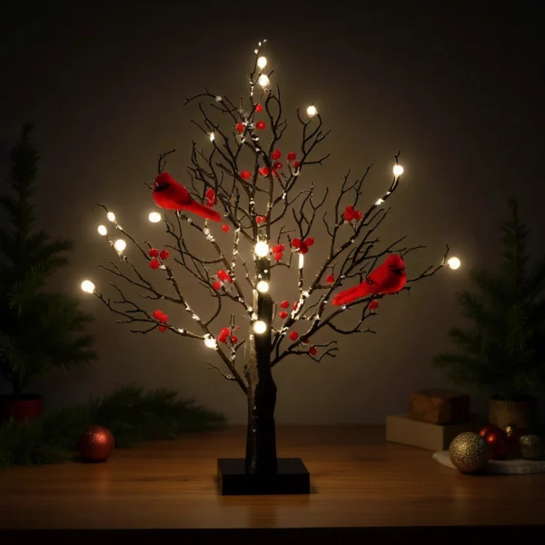 Vintage Glowing Tree with Cardinals Lighted Mini Birch Tree Red Bird Tree Light Festival Christmas Decoration - Image 3