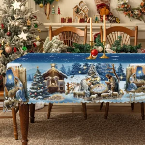 Christmas Round and Rectangular Tablecloth, Available in Various Sizes, Santa Claus Plaid Christmas Tree Print Pattern Blue Tablecloth for Daily Home Kitchen, Terrace Use, Gifts