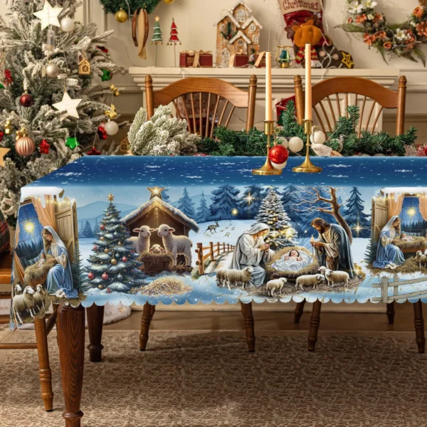 Christmas Round and Rectangular Tablecloth, Available in Various Sizes, Santa Claus Plaid Christmas Tree Print Pattern Blue Tablecloth for Daily Home Kitchen, Terrace Use, Gifts