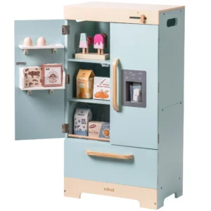 Play Kitchen Fridge Refrigerator with Ice Dispenser Wooden Kids Play Kitchen Playset Toy for Ages 3+Blue