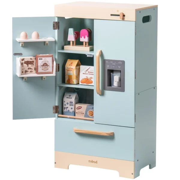 Play Kitchen Fridge Refrigerator with Ice Dispenser Wooden Kids Play Kitchen Playset Toy for Ages 3+Blue