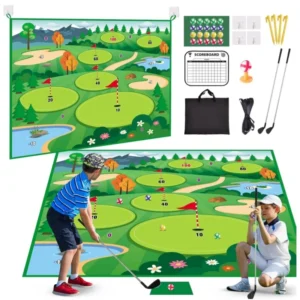 20 Balls Golf Chipping Game Mat with Club Practice Stick Chip Golf Set Indoor Outdoor for Kids Adult Golf Hitting Mat Game