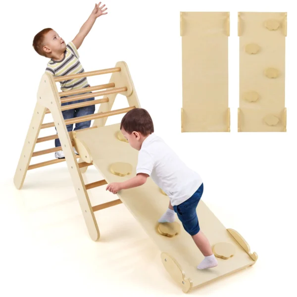 2-in-1 Triangle Climbing Set Wooden Toddler Climbing Triangle Ladder with Ramp Natural/Colorful - Image 3