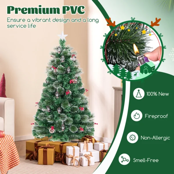150 cm Pre-lit Optical Fiber Christmas Tree, Snowy Xmas Tree w/170 PVC Leaves & Pine Needles - Image 4