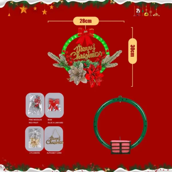 12" Christmas Wreath LED Lights Pre-Lit Artificial Wreaths Berry Branches 6 Modes Timer Xmas Decorations - Image 2