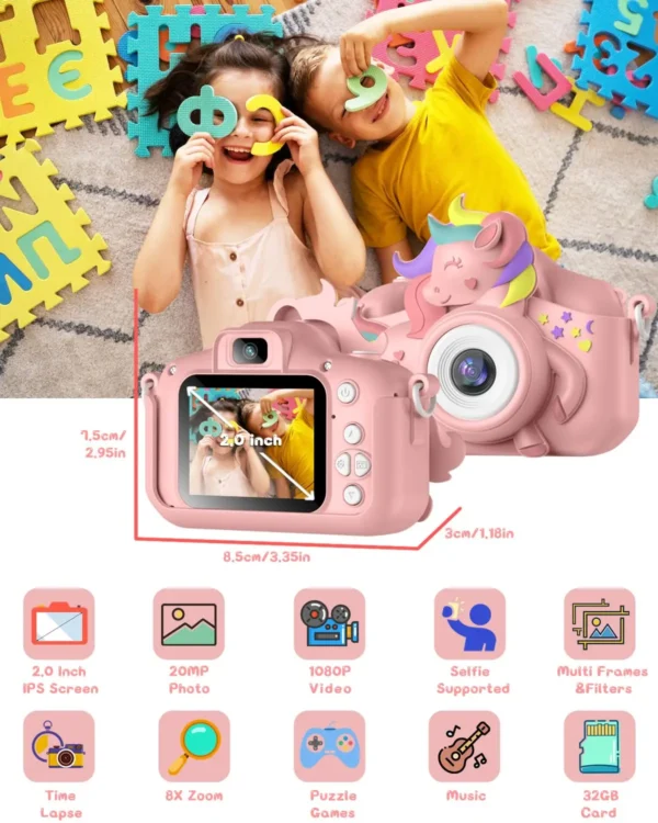 " Kid's Camera 20MP 1080P HD Toddle Selfie Camera Cute Cartoon Digital Cmaera Toy With 32GB Card Gift For Girls & Boys - Image 3