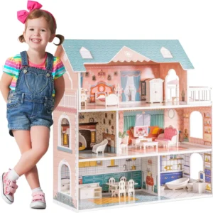 Wooden Dollhouse 3 Story with Balcony 28 Accessories Toy Gift for 3+Years Kid Girls