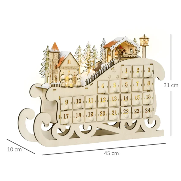 Christmas Advent Calendar Light Up Sleigh w/ Countdown Drawer, Village - Image 3