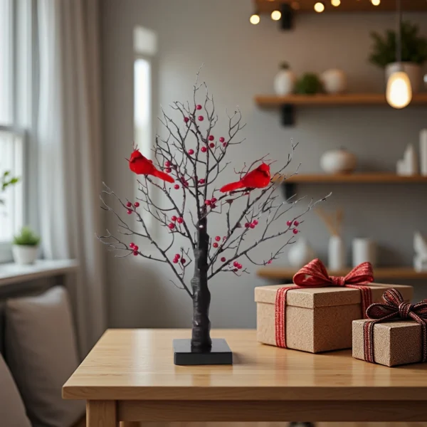 Vintage Glowing Tree with Cardinals Lighted Mini Birch Tree Red Bird Tree Light Festival Christmas Decoration - Image 2