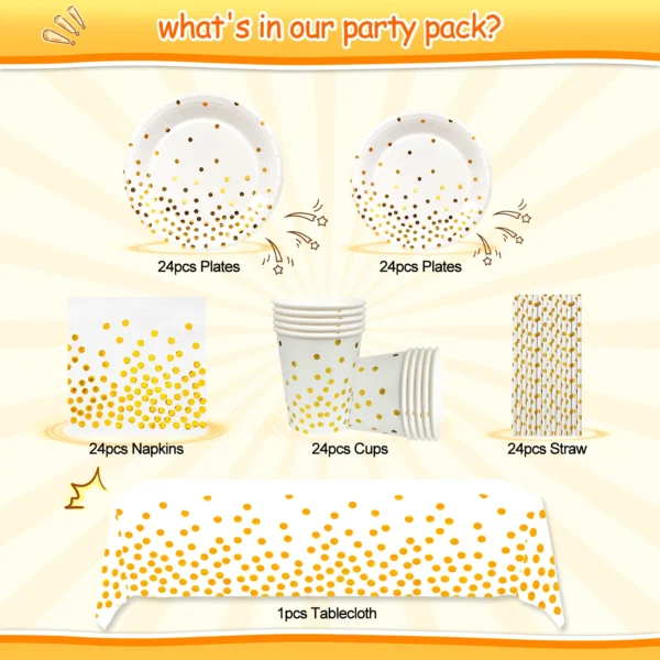 White And Gold Party Supplies 121pcs Golden Dot Disposable Party Dinnerware Set - White and Gold Party Paper Plates Cups Napkins - Image 6