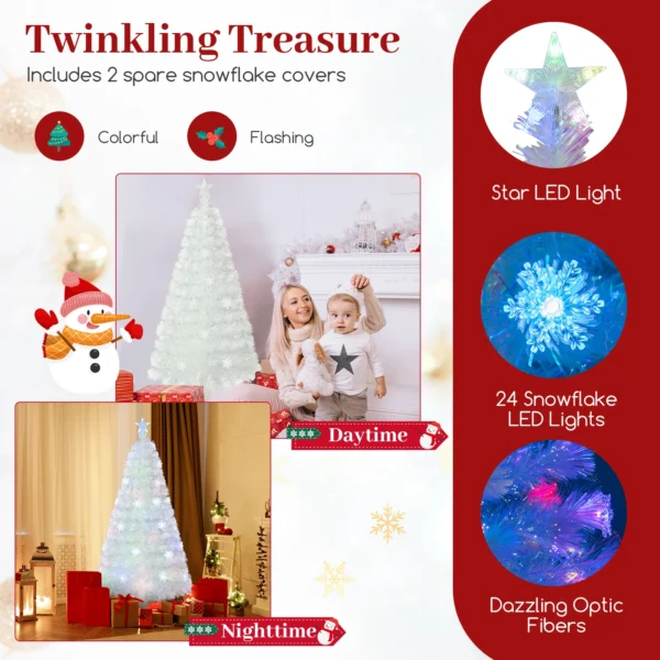 150 cm Artificial Fiber Optic Christmas Tree, White Pre-lit Xmas Tree with 170 Branch Tips, Iridescent Leaves - Image 4