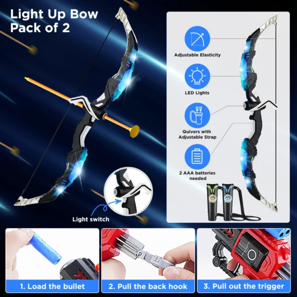 2X Bow Arrow + Guns Toy For Kids LED Light Up Archery with Suction Cup Stand Target Dart Board Indoor Outdoor Game Toys - Image 3