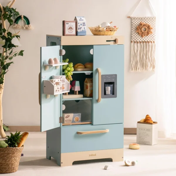 Play Kitchen Fridge Refrigerator with Ice Dispenser Wooden Kids Play Kitchen Playset Toy for Ages 3+Blue - Image 2