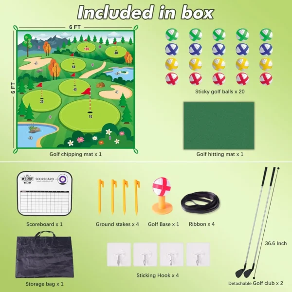 20 Balls Golf Chipping Game Mat with Club Practice Stick Chip Golf Set Indoor Outdoor for Kids Adult Golf Hitting Mat Game - Image 6
