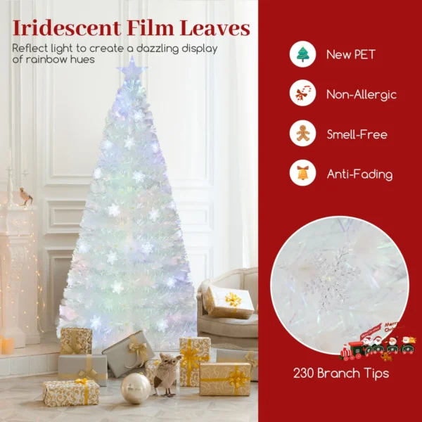 180 cm Artificial Fiber Optic Christmas Tree, White Pre-lit Xmas Tree with 230 Branch Tips, Iridescent Leaves - Image 3