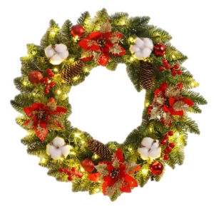 Christmas Garland Decoration with Spruce Pine Cones Berry Ball 40CM Wreaths Ornaments Realistic PVC Light Up for Indoor Outdoor